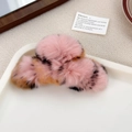 Pink and brown leopard print plush faux fur hair claw clip for winter hair styling - Pink Leopard