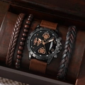 Men's calendar watch with canvas strap and 3 handmade beaded bracelets set in wood box - Brown Set