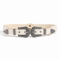 White vintage-style wide waist belt with ornate metal buckles and elastic band - Beige
