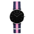 Minimalist quartz watch with silver case, black dial, and blue-pink striped nylon strap - Silver Case Blue Pink NATO Strap