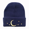 Navy blue knitted beanie featuring gold star and moon embroidery in a ribbed warm fabric - Adjustable / Navy Blue