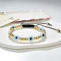 Bracciale Evil Eye intrecciato a mano con perle in vetro blu e rame dorato - Stile Occhio del Diavolo Blu/Bianco (221025G-D-4)
