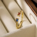 Minimalist gold plated copper open ring with red and blue rectangular zircon gemstones - Adjustable Open / Gold with Red and Blue Rectangle Zirconia (13840)