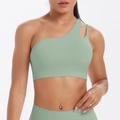 Sage green one shoulder sports bra with teardrop cutout and wide ribbed band - S / Basil Green