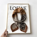 Elegant silk scarf with vintage geometric floral print in caramel and green tones - 70*70cm / 31211-Caramel Green Clover