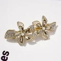 Elegant gold double flower hair clip with sparkling crystals and white pearls on white background - Yao Fang Lemon Yellow