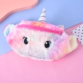 Rainbow gradient unicorn plush waist bag for girls with soft fur and colorful horn - Rose Pink with Round Eyes