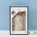 Beige coral fleece towel folded as a bunny in a white window gift box with ribbon - Khaki + Leaf Gift Box
