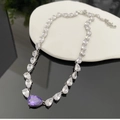 Collier argenté orné de zircons blancs et d'un grand cristal violet en forme de poire - Collier Cœur en Zircon Bleu Roi
