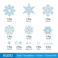 Detailed size chart for blue snowflake window stickers featuring stars and dot decals - BQ082 Silver Glitter Snowflake / Silver Glitter Snowflake