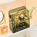 Dark green translucent desktop cosmetic organizer with jewelry hooks and earring holes - Transparent Green