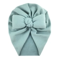 Detailed view of light blue cashmere-like baby turban hat with a large soft cotton bow - Light Blue