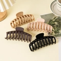 Macro shot of large matte hair claws in beige, pink, brown and black colors - Four-Piece Set