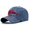 Washed blue denim baseball cap featuring red PC 3D embroidery and vintage distressed finish - Adjustable / Navy Blue