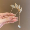 Elegant gold U-shaped hair fork with rhinestone leaves and twin pearl tassels - Feather Full Diamond Hair Stick
