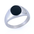Polished silver stainless steel signet ring with a black square enamel surface inlay - Round Silver (18304)