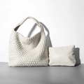 Creamy white woven bucket bag and inner pouch set with minimalist textured pattern - Off-white