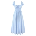Women fashion light blue striped dress with puff sleeves and French square neckline - S / Light Blue