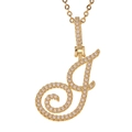 Macro shot of gold-plated letter A pendant featuring micro-pave white cubic zirconia - J (Gold)