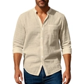 Detail of men's beige linen shirt with band collar and chest pocket on white background - S / Khaki