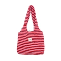 Pink and red striped plush tote bag featuring a decorative square letter patch - Pink
