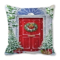 Detail of Christmas tree and red door watercolor pattern on peach skin pillowcase - 18x18 Inch / 13