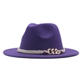 Chapeau fedora en feutre de laine violet avec corde tressée blanche et chaîne dorée - M (56-58cm) / Violet
