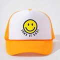 Detail of embroidered yellow smiley face and Take It Easy text on a mesh trucker cap - One Size / Orange