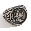 Vintage stainless steel signet ring with Caesar coin engraving in antique silver finish - Caesar Portrait Black