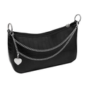 Detail of black crocodile texture faux leather bag with silver chain and heart charm - Single Heart Pendant Double-Layer