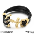 Men's double-layered black leather bracelet featuring a golden anchor-shaped clasp - Golden Anchor Plug Clasp Style (KB79598-BD)