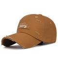 Vintage brown cotton baseball cap with distressed holes and 207 embroidery patch - Adjustable / Tan