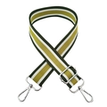 Detail of adjustable green and gold striped fabric strap with silver swivel metal hooks - Green Stripe + Silver Buckle