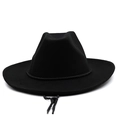 Detail of wool felt wide brim fedora hat with black twisted rope and adjustable chin strap - 56-58cm / Black