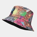 Detail of double-sided graffiti bucket hat featuring hip-hop cassette and boombox prints - M (56-58cm) / Street Hip Hop Style (Color #2)
