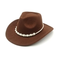 Detailed view of dark brown felt cowboy hat featuring elegant pearl floral band decoration - M (56-58cm) / Coffee