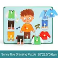 Wooden puzzle set for kids featuring a boy theme with colorful clothes and accessories - Boy Dress-up