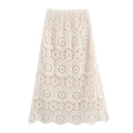 Jupe longue en crochet beige pour femme avec motifs floraux géométriques et bord festonné - S / Blanc laiteux