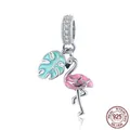 S925 sterling silver flamingo and tropical leaf charm with colorful enamel and zircons - 925 Silver / Flamingo and Monstera Leaf Charm