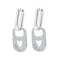 Silver square earrings with heart-shaped white zircon inlay on white background - Platinum-White