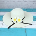 Detail of wide brim straw sun hat featuring elegant frangipani flowers and black ribbon - M (56-58cm) / Milk White-Large Brim Plumeria