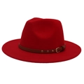 Macro detail of red fedora hat featuring a brown leather band and gold metal buckle - M(56-58cm) / Red (3 Rivets)