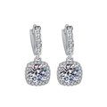Elegant silver leverback earrings with round halo moissanite and geometric pavé design - TED286-Square Halo Leverback Earrings
