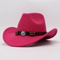 Detail of rose red felt cowboy hat featuring a turquoise stone and dark brown band - Rose Red