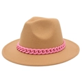 Close-up of camel felt fedora hat featuring a bright pink acrylic chunky chain detail - Camel