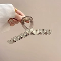 Translucent smoky grey acrylic hair claw clip with cream heart details for women - Large 13cm / Beige