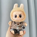 Labubu plush doll wearing brown knit sweater and denim shorts with smiley necklace - Brown B Bear Set / First And Second Generation Keychains Are Compatible With La Cloth Dolls. Dolls Not Included.