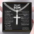 Silver stainless steel cross necklace with curb chain in a black gift box for son - 2820 Custom Full Stainless Steel