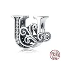 925 sterling silver letter U charm with sparkling zircon and vintage hollow patterns - Letter U