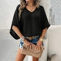 Relaxed black V-neck knit sweater with loose batwing sleeves for a casual summer style - S / Black